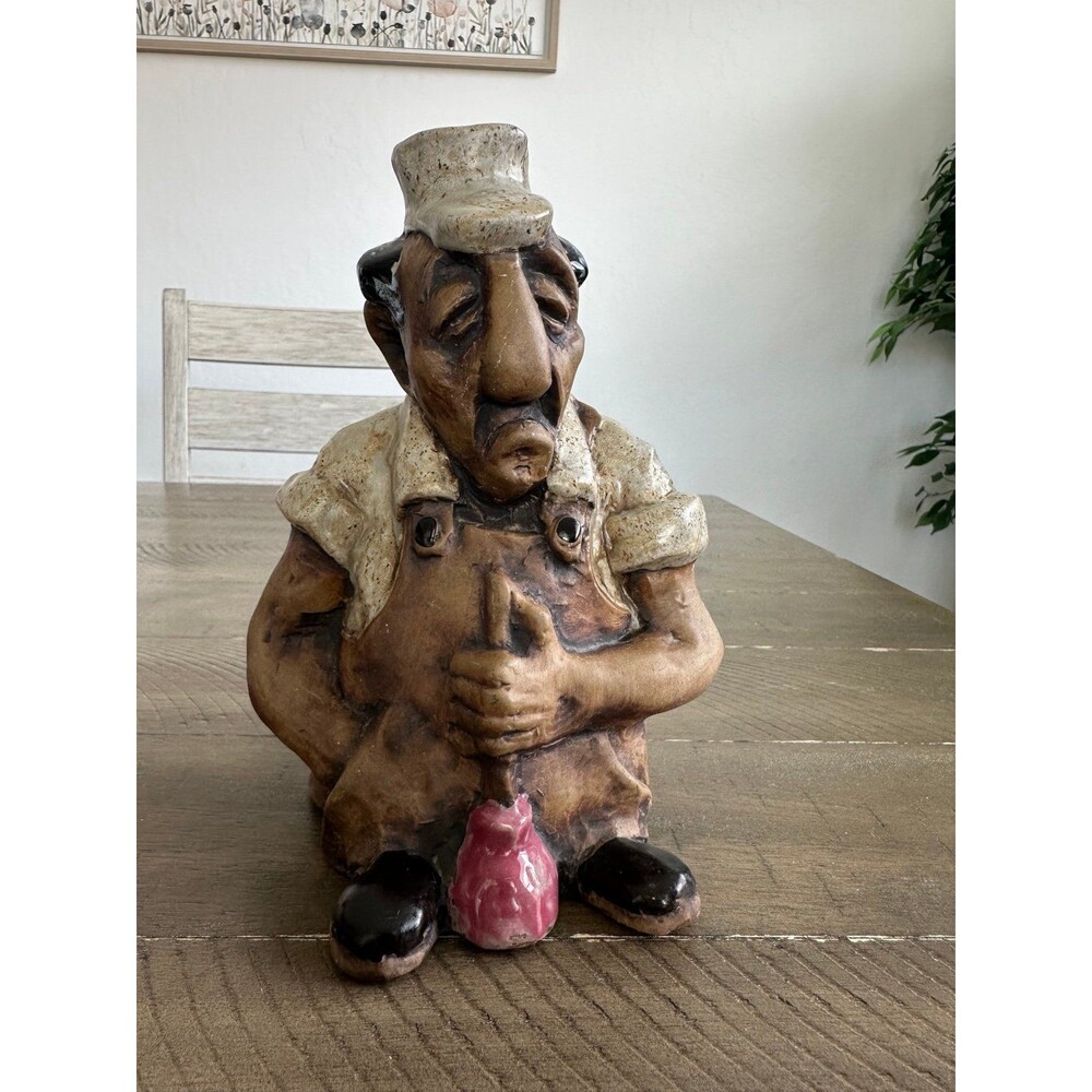 RARE USA Hand Finished Vintage Hobo Plumber Figurine Plunger Folk Art Pottery